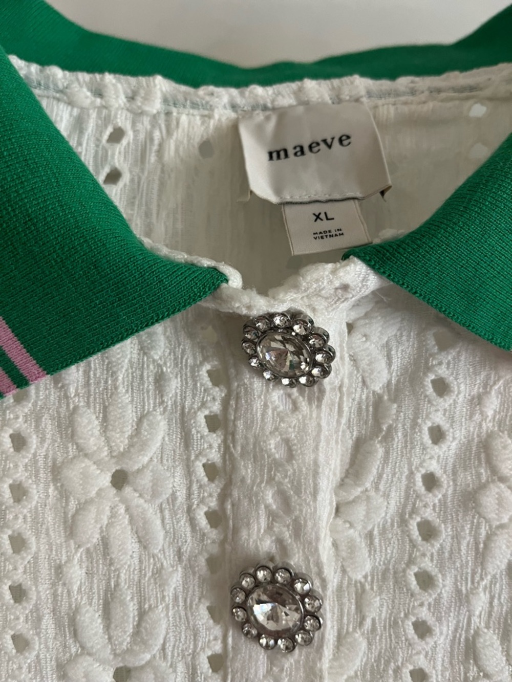 Anthropologie Maeve White Eyelet Polo Top with Green Trim - Picture 3 of 4